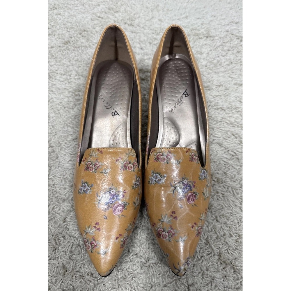 Bellini Gold Bobcat Floral Kitten Heel Pumps Women's 12W Shoes Cottage Coquette - Picture 3 of 13